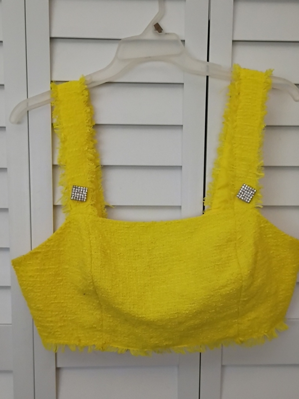 SHEIN Bright Yellow Textured Crop Top with Rhinestone Accent Straps
